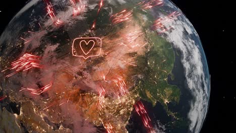 planet earth showing asia with heart icon in chat bubble and red digital network lines. social media interaction and global communication concept for poster and wallpaper.