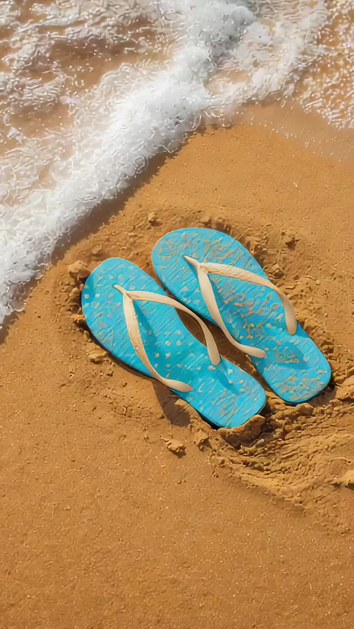 Lodret video: Brydende bølge løfter tyrkise flip-flops op på gyldent sand og skyller remme og såler
