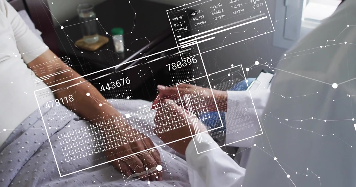 Male caregiver leaning placing hand on patient wrist monitoring vital signs with shifting overlay