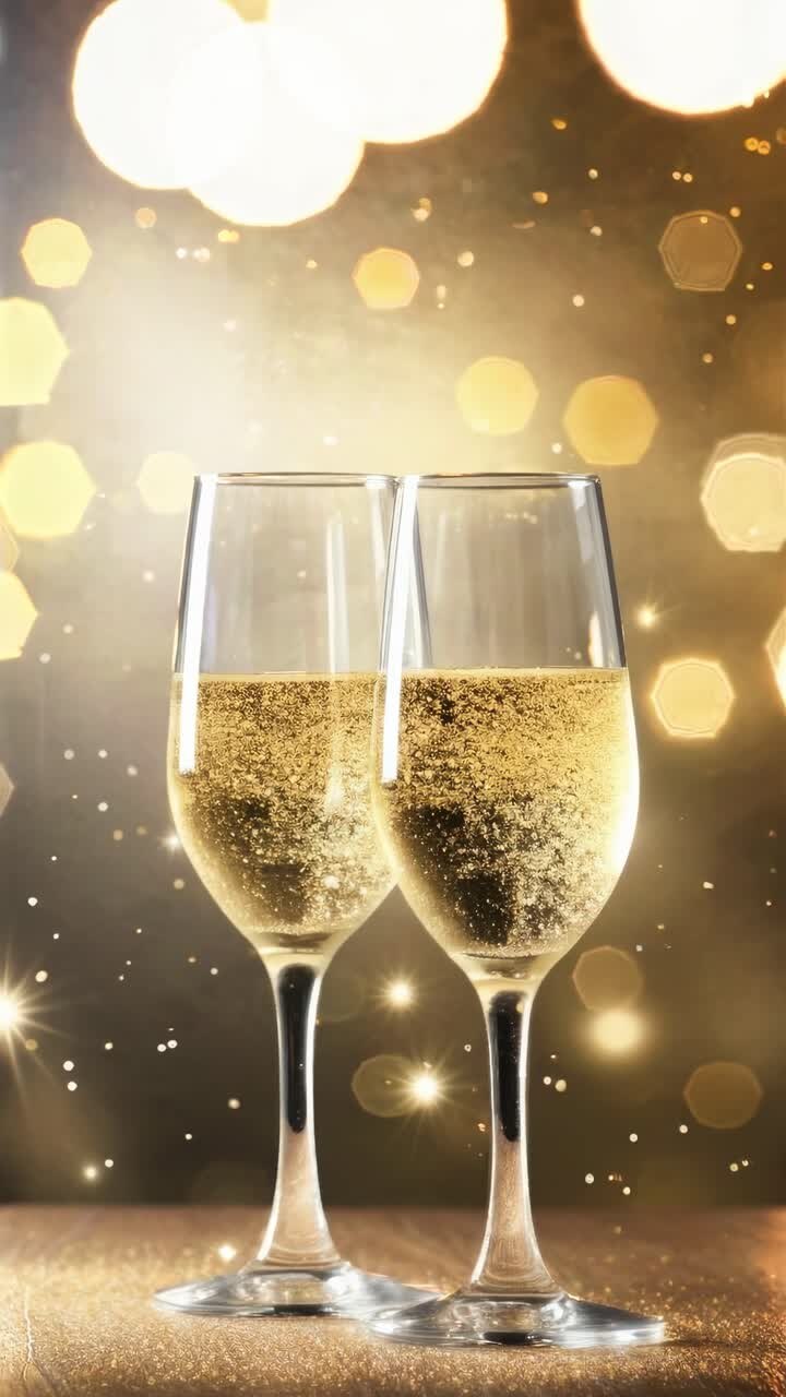 Elegante concepto de vídeo con dos copas de champán llenas de burbujas, capturado a la altura de los ojos