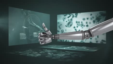 Robotic-hands-gesturing-thumbs-up-and-medical-data-processing