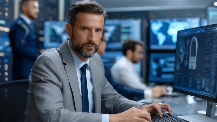 Focused Professional Analyzing Data in a High-Tech Control Room: A Close-up of a Man in a Suit at His Computer Surrounded by Advanced Screens and Colleagues