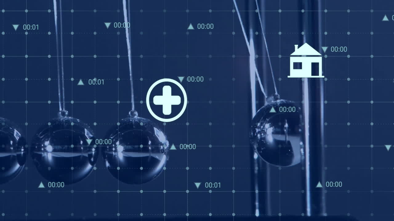 건강 관리 및 가정 아이콘, 데이터 처리 애니메이션과 함께 뉴턴의 요람