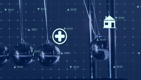 newton''s cradle with healthcare and home icons, data processing animation