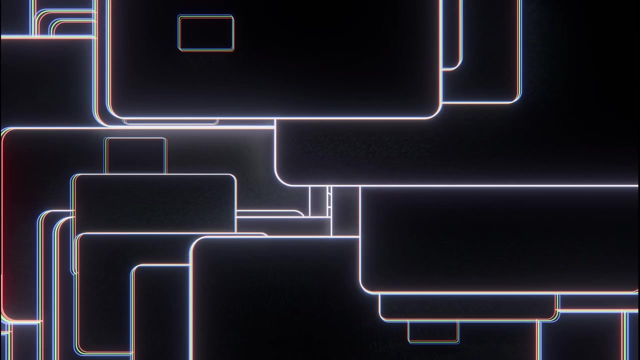 Dense stack of rounded rectangular panels with luminous white rims and thin red green blue chromatic fringes overlapping on deep matte black background, creating abstract futuristic depth and motion