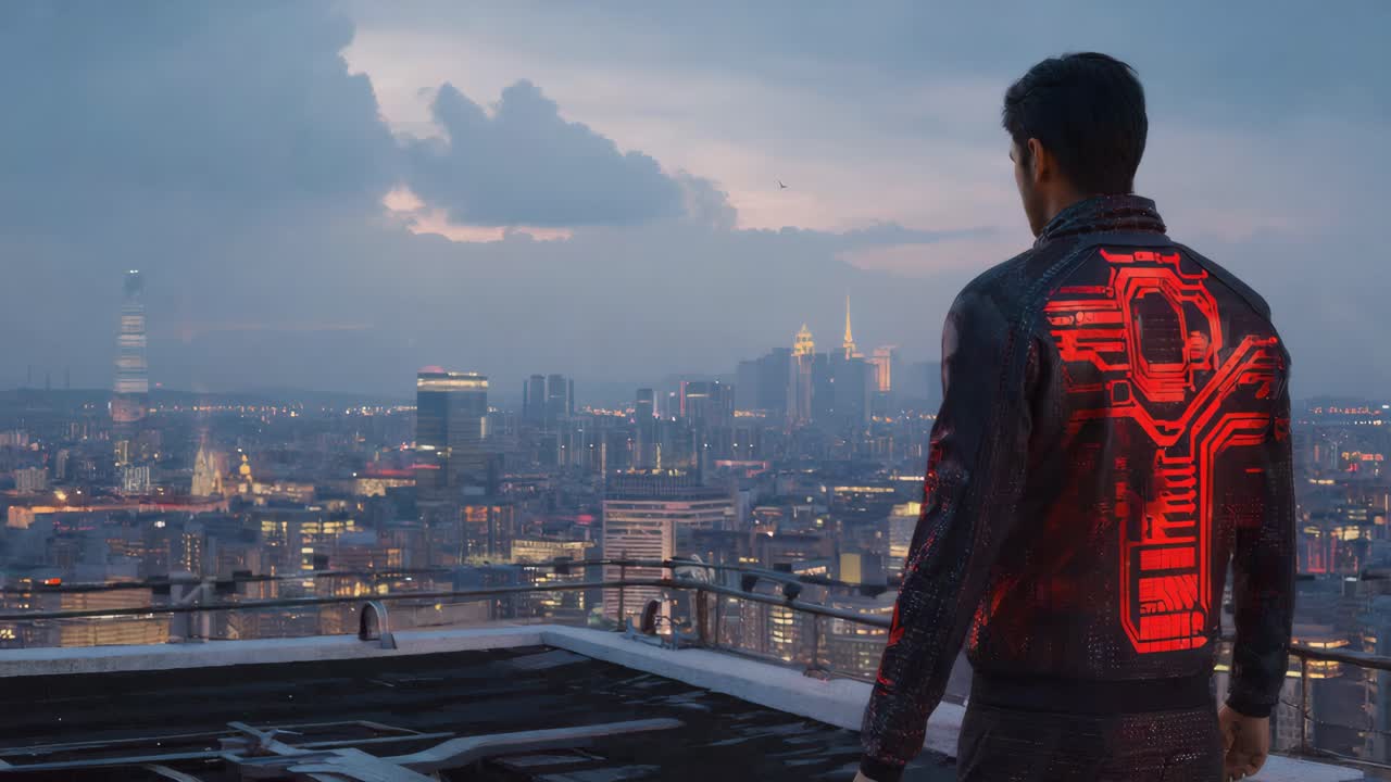 Man on a rooftop overlooking a futuristic cityscape at night