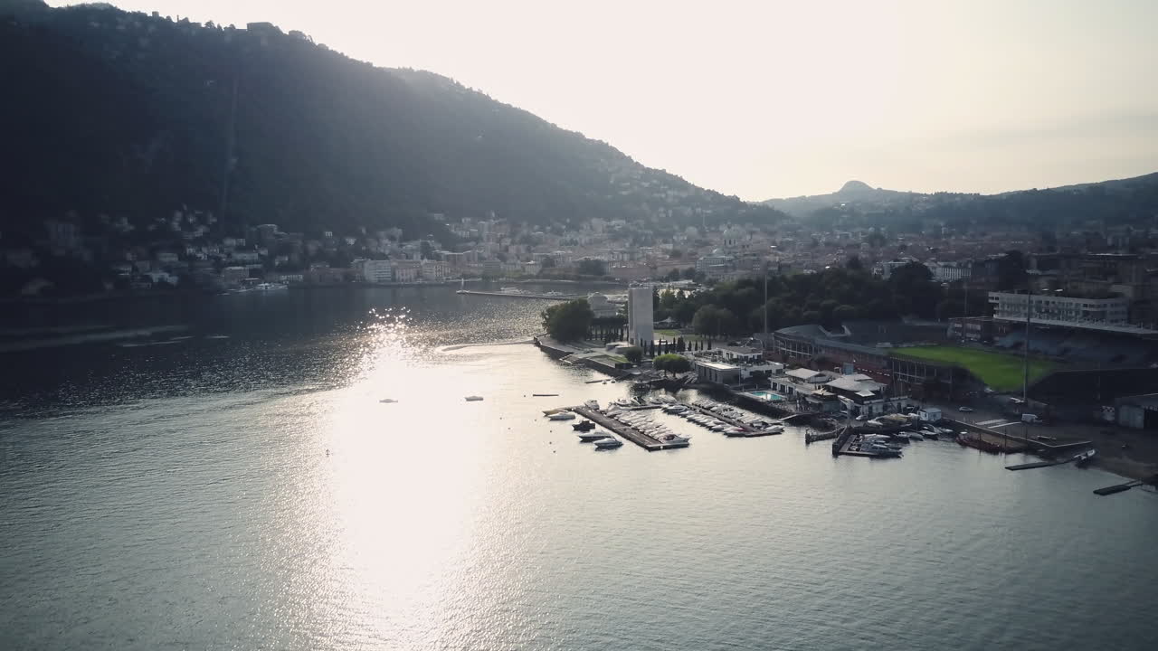 Aerial View of a Lakeside Cityscape