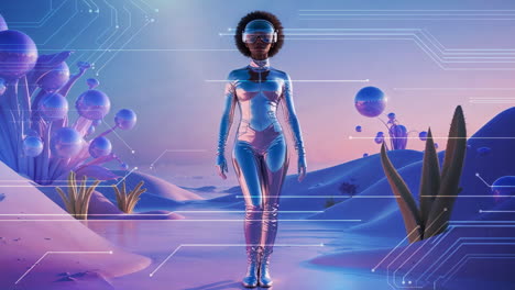 futuristic explorer in a surreal digital landscape