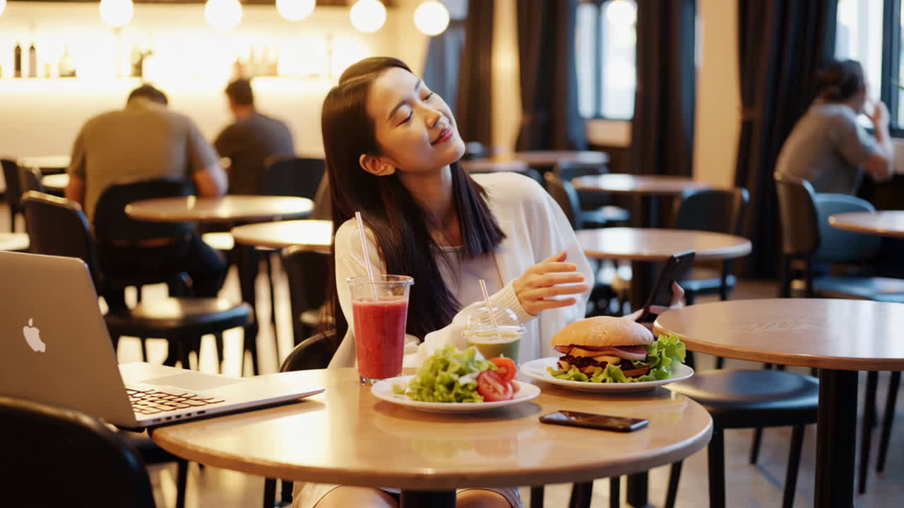 Young woman using phone and laptop while dining in a cafe