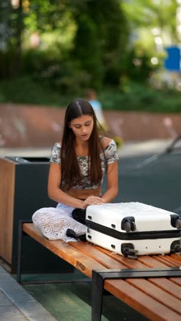 teenage girl packing suitcase in park