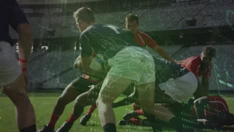 animation of data processing over rugby match in sports stadium