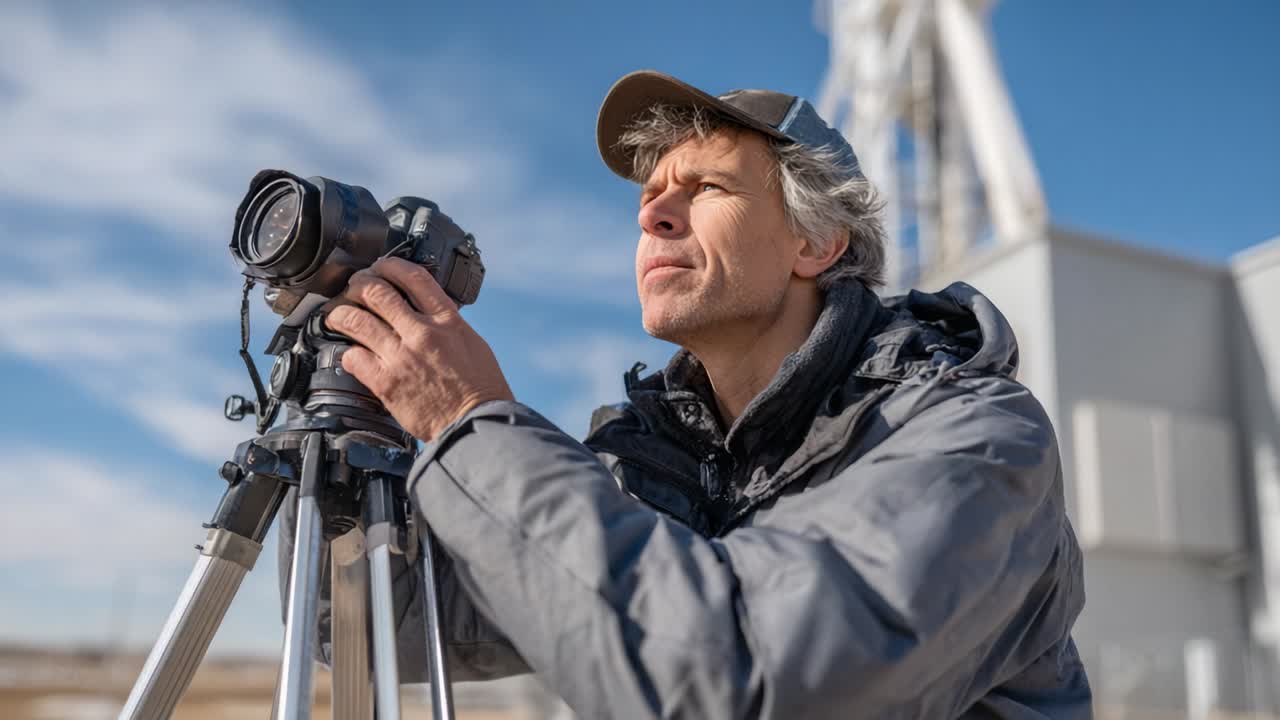 Photographer taking pictures of wind turbine
