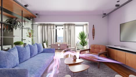 motion graphics illustration of light energy swirling through modern living room and interior design