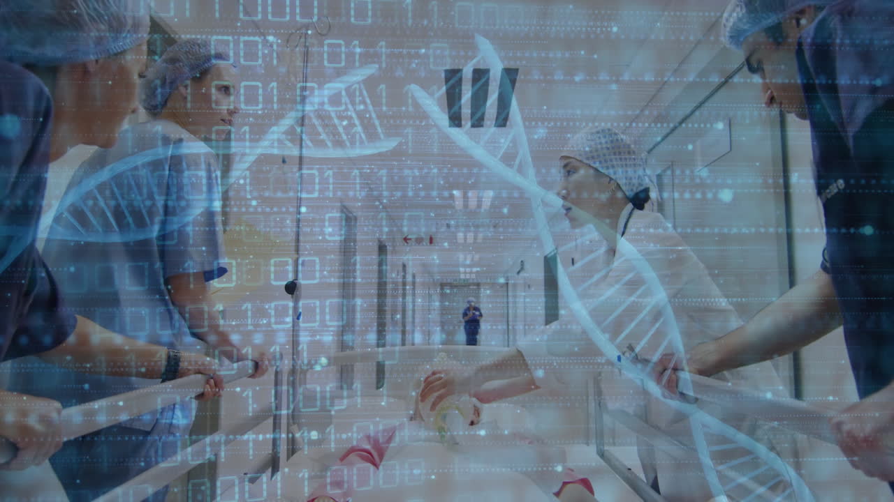 Animation of dna strands and data processing over diverse doctors and patient in hospital