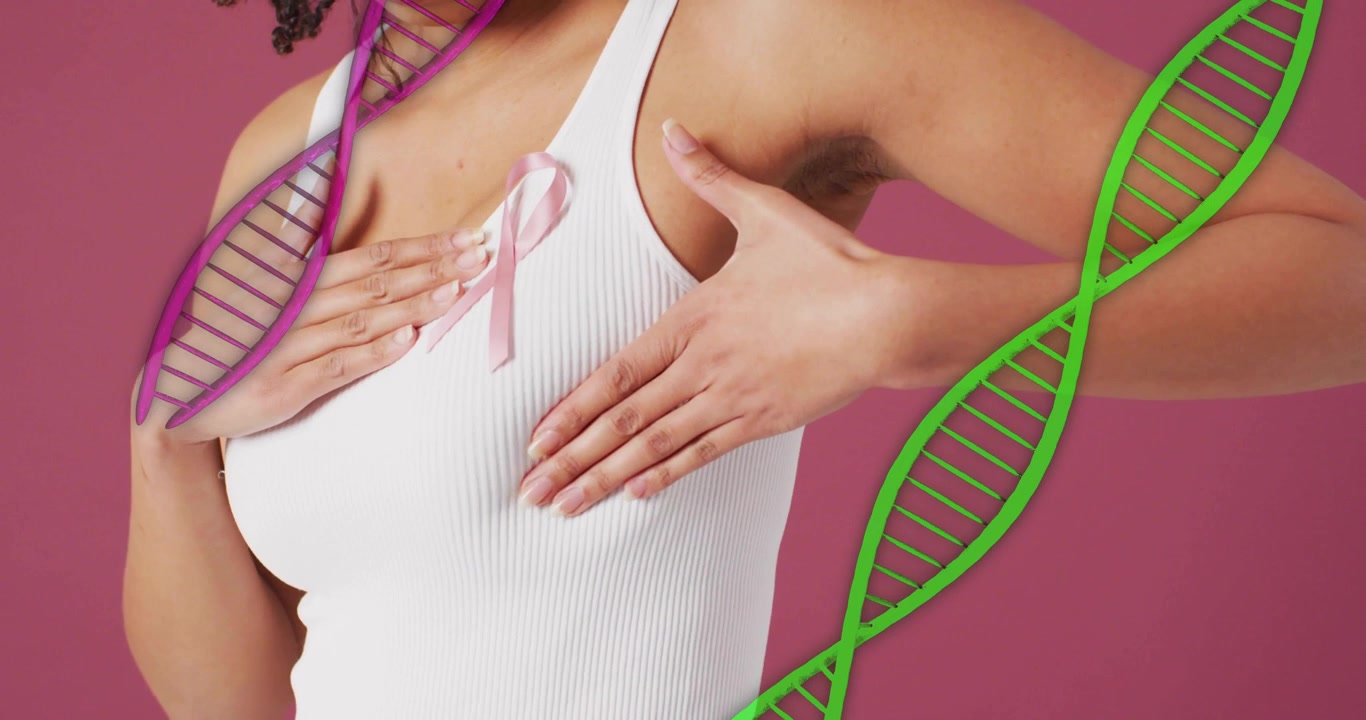 Donna che tocca un nastro rosa, poi porta la mano sinistra a coppa per la salute, con eliche di DNA accanto alle spalle.