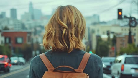 a woman with a backpack walking down the street