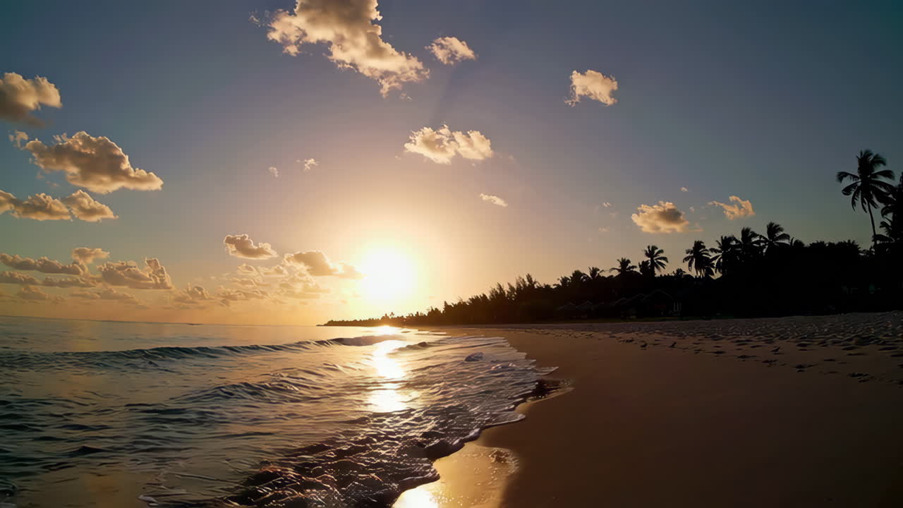 Escena de praia tropical ao pôr-do-sol