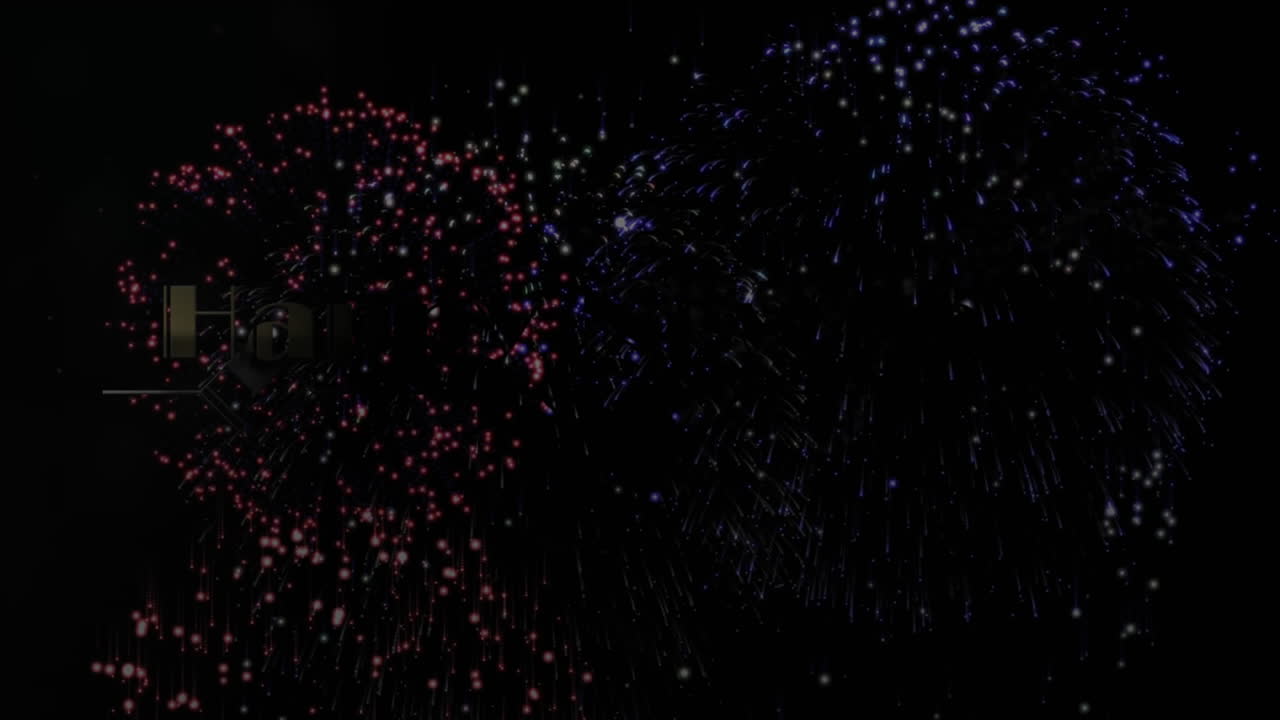 Digital animation of golden happy new year text against fire works exploding on black background