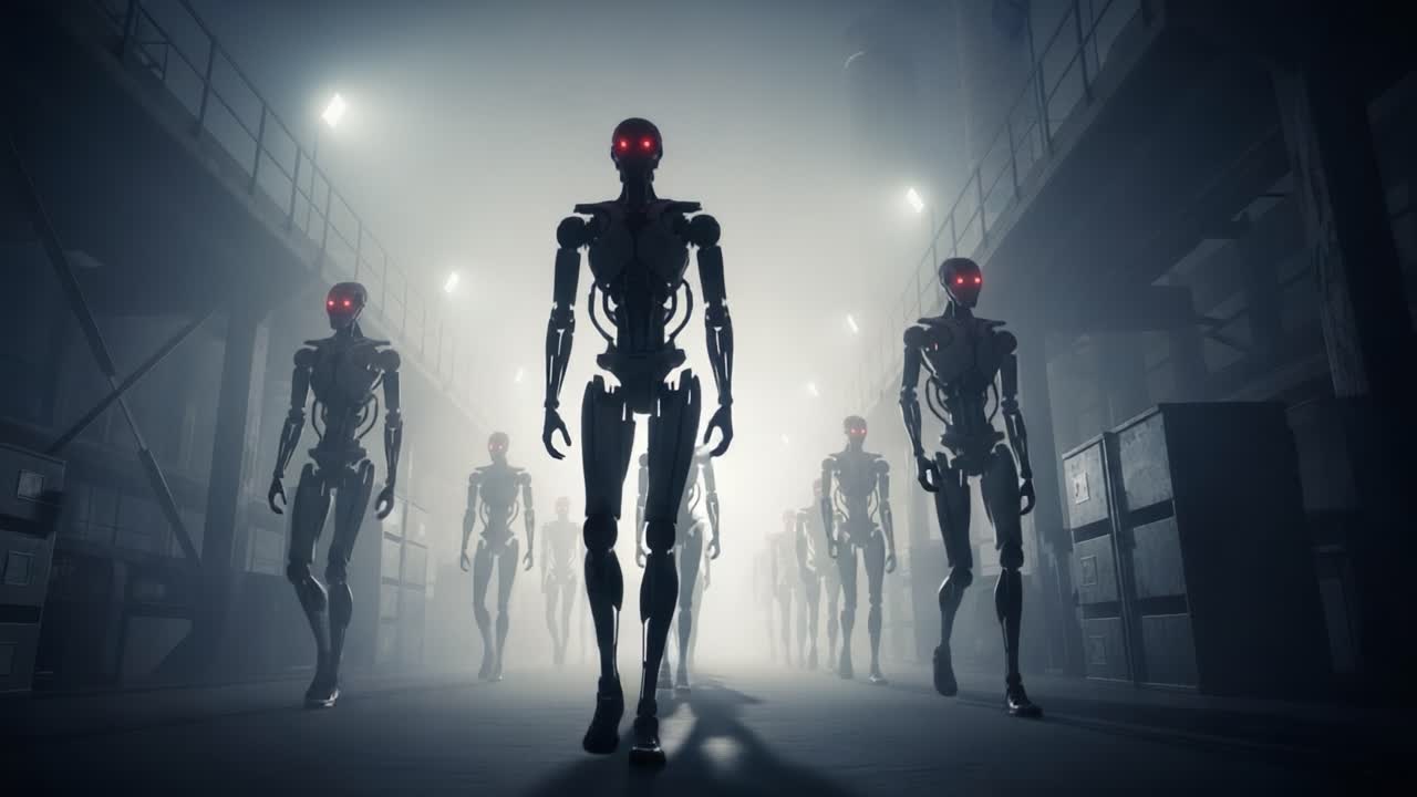 A haunting procession of futuristic robots with glowing red eyes emerges from the mist in an industrial setting, evoking a sense of suspense and advanced technology.