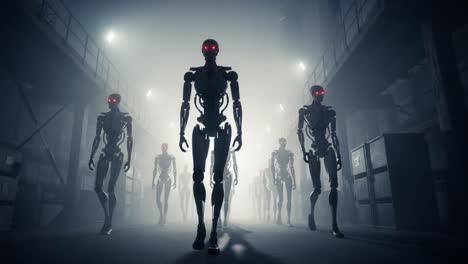 a haunting procession of futuristic robots with glowing red eyes emerges from the mist in an industrial setting, evoking a sense of suspense and advanced technology.
