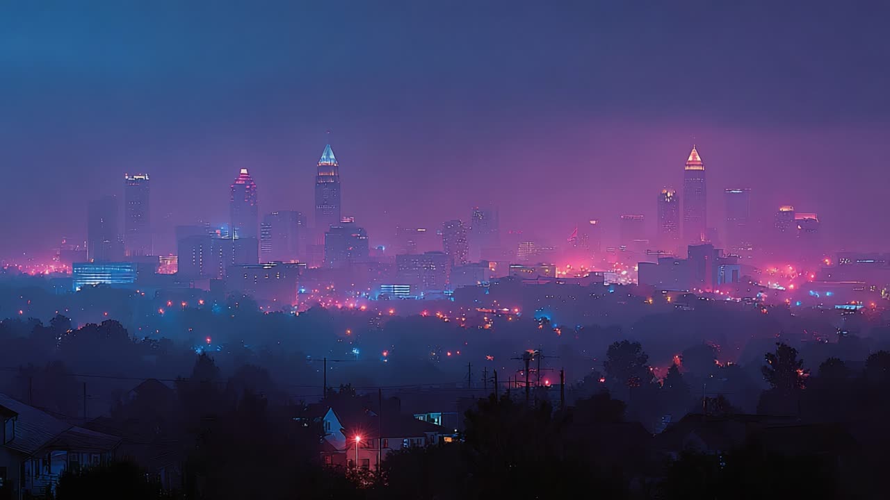 Vedute crepuscolari affascinanti di un paesaggio urbano moderno illuminato da luci al neon vivaci e avvolto in un'atmosfera nebbiosa, che mette in mostra lo splendore architettonico in colori dinamici