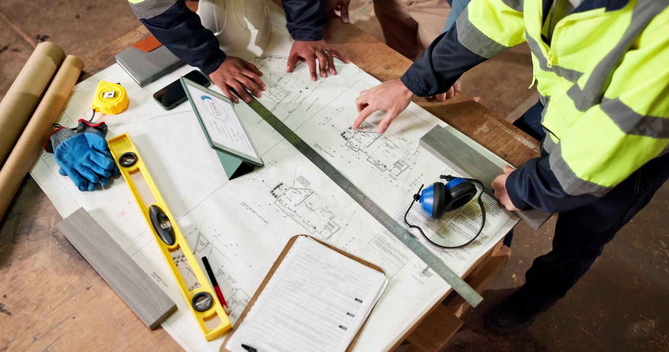Construction Team Reviewing Blueprints on Site