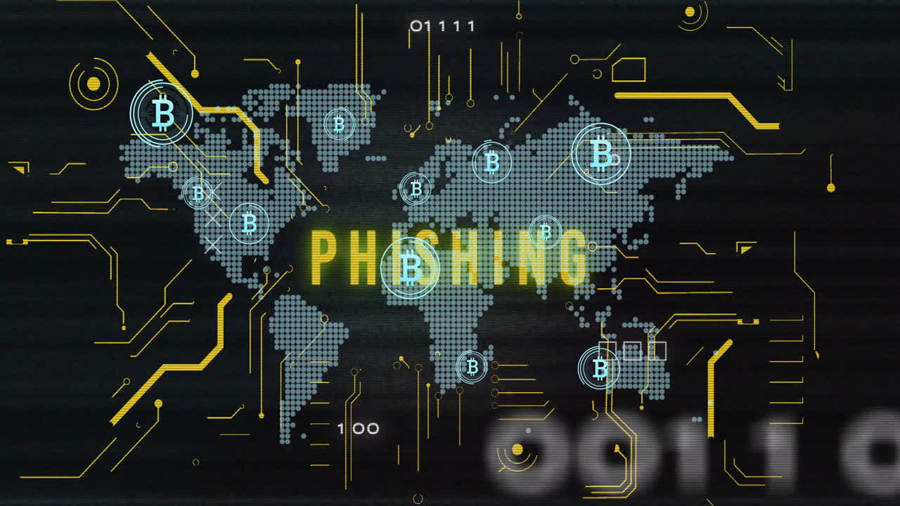 Animation of phishing text, bitcoin symbols and data processing over world map on black background