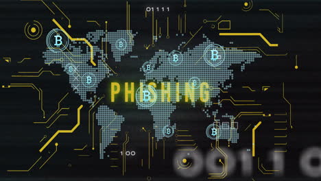 animación de texto de phishing, símbolos de bitcoin y procesamiento de datos sobre el mapa del mundo en fondo negro