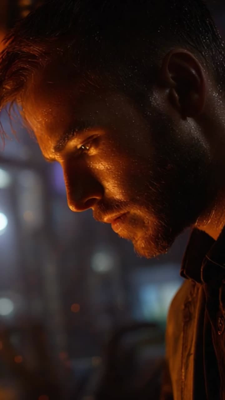 A compelling close-up capturing the intense expression and illuminated features of a man, showcasing emotion and atmosphere in a moody, cinematic style