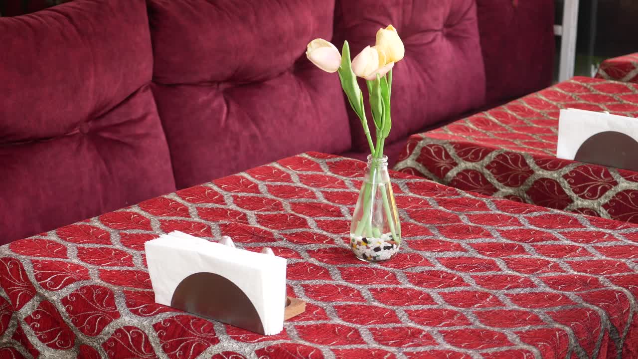 Restaurant Table Setting with Tulips