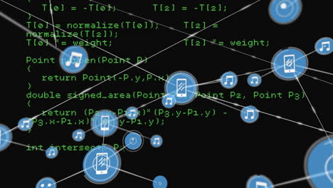 Animation of icons connected with lines over looping computer language against black background