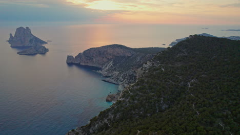 Magical-Islands-Of-Es-Vedra-At-Sunset-In-Ibiza-Island,-Spain