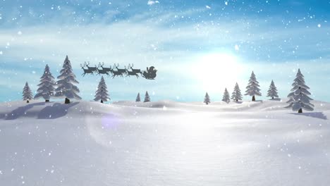 Schnee-Fällt-über-Den-Weihnachtsmann-Im-Schlitten,-Der-Von-Rentieren-Vor-Der-Winterlandschaft-Gezogen-Wird
