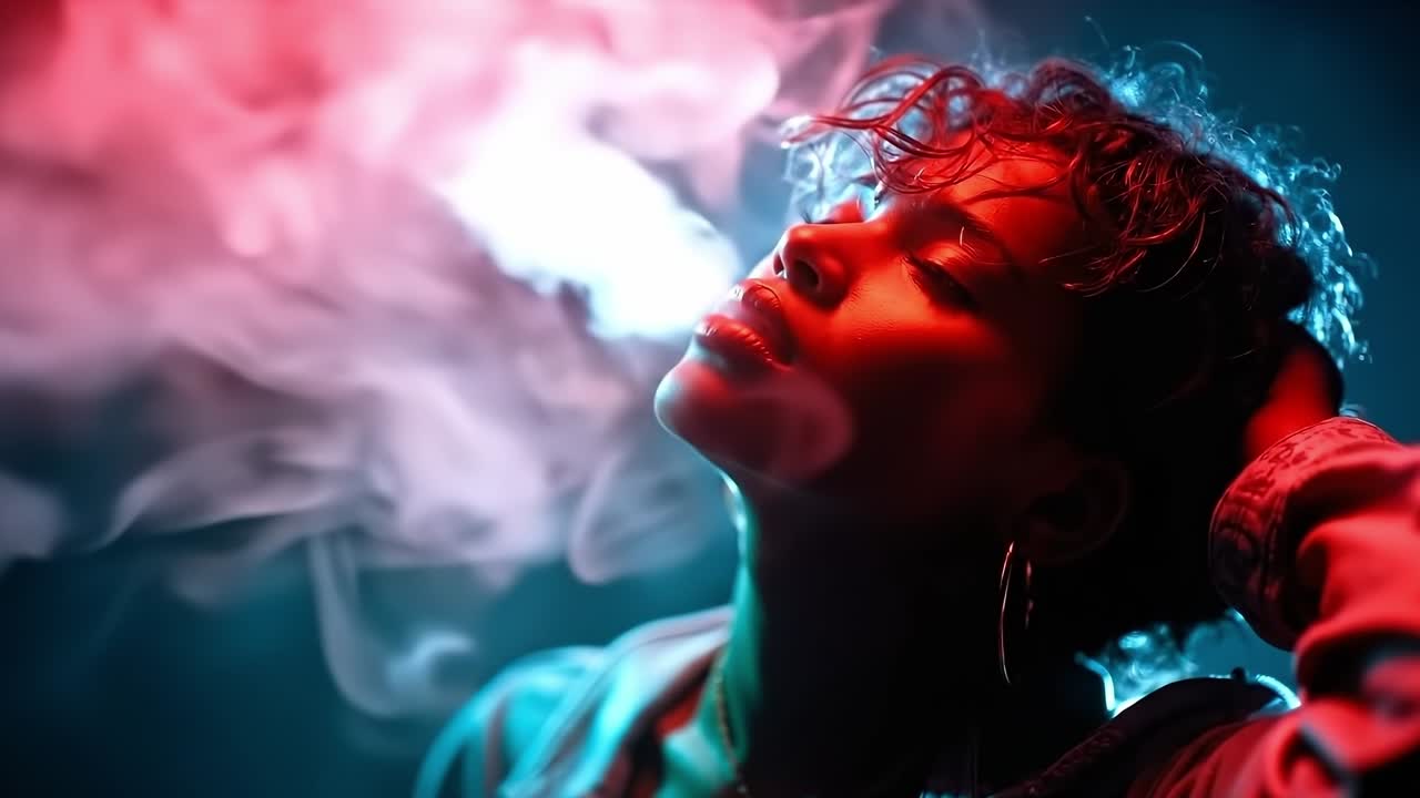 una mujer con los ojos cerrados y humo saliendo de su boca