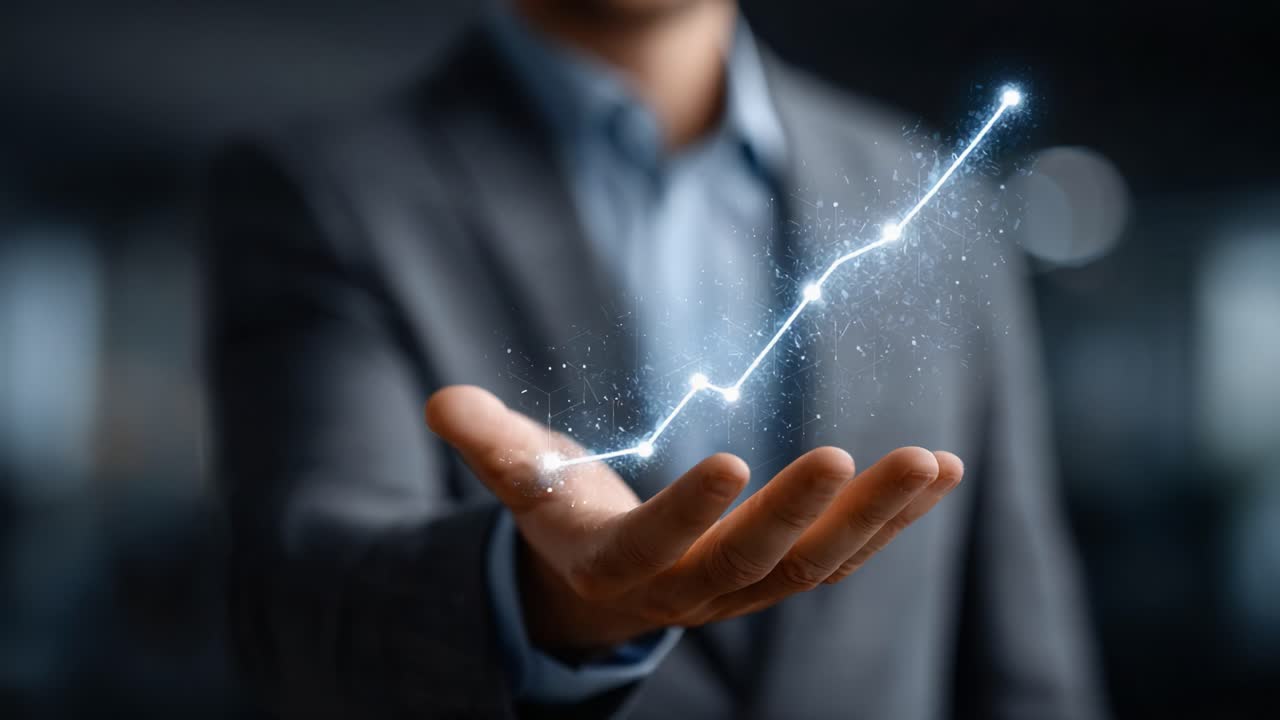 A Business Professional Displays a Glowing Growth Trend with Illuminated Data Points Rising from His Hand, Symbolizing Success and Progress in the Corporate World