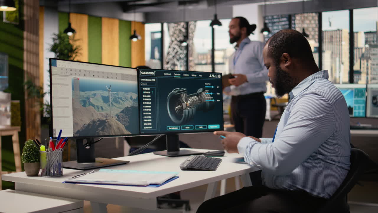 Technician Working On Wind Turbine Simulation In Office, Doing Upgrades