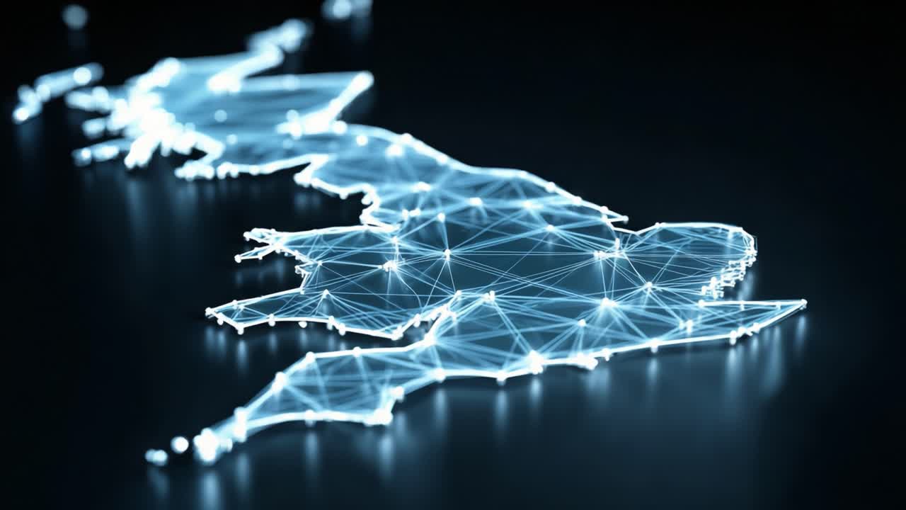 A Detailed Digital Representation of a Geographical Landscape Highlighting Connections and Data Points Across the Region