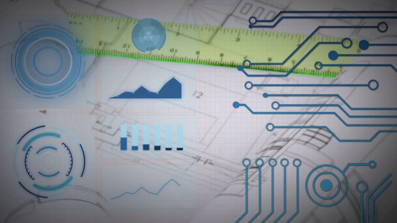 Green ruler entering upper-left, rotating clockwise, clarifying HUD, filling bars, revealing plans