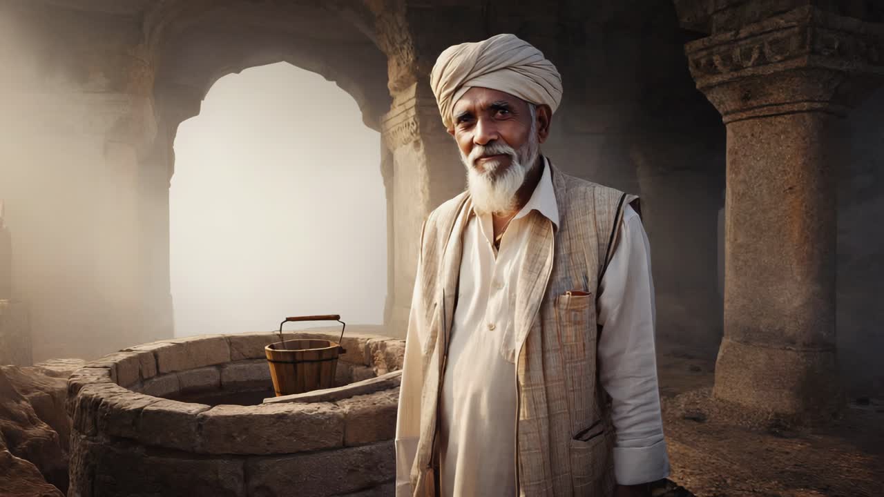 Elderly man wearing traditional clothes and turban is standing near an ancient well with wooden bucket in foggy morning, creating a serene and timeless atmosphere
