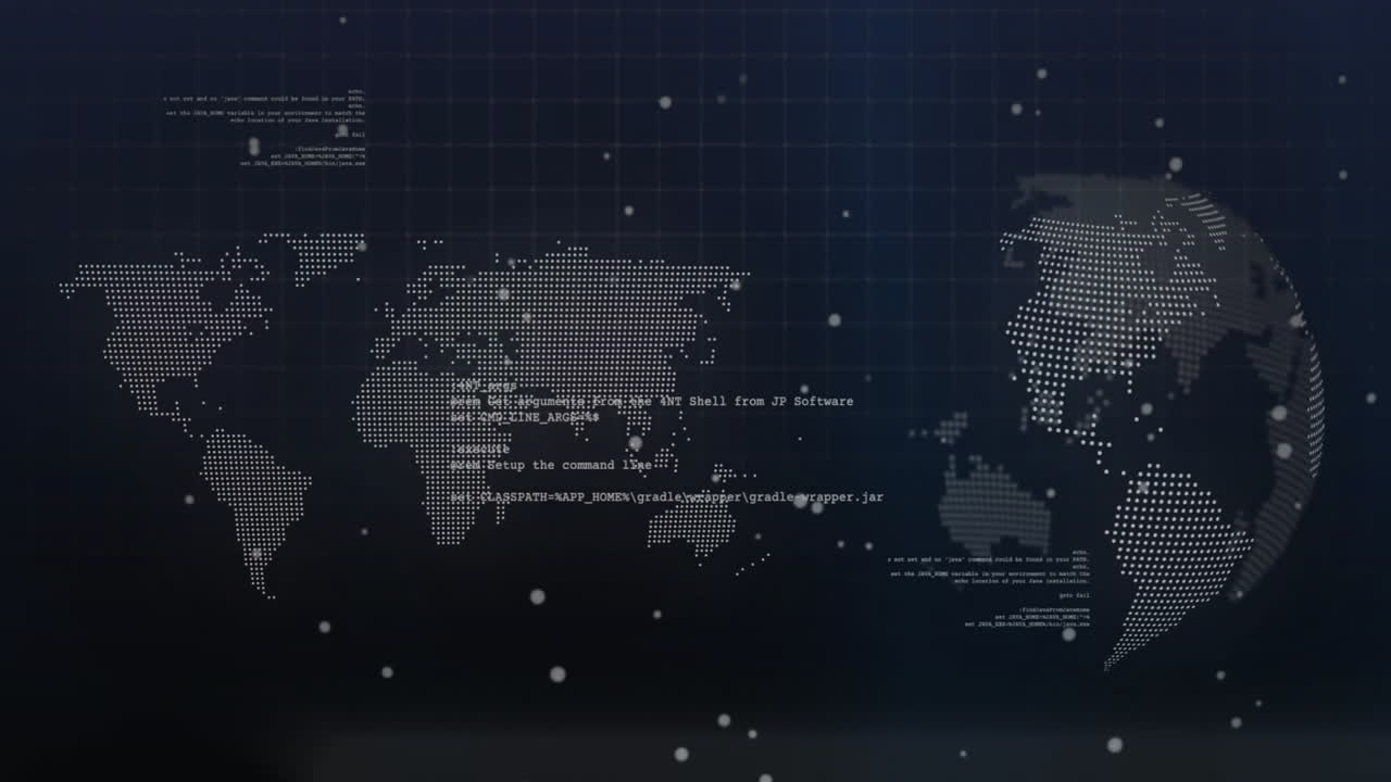 World map with data points and coding animation over dark grid background