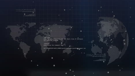 world map with data points and coding animation over dark grid background