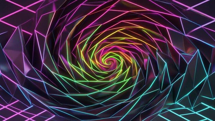 Espiral Geométrica 3D Abstrata com Linhas de Néon Luminosas