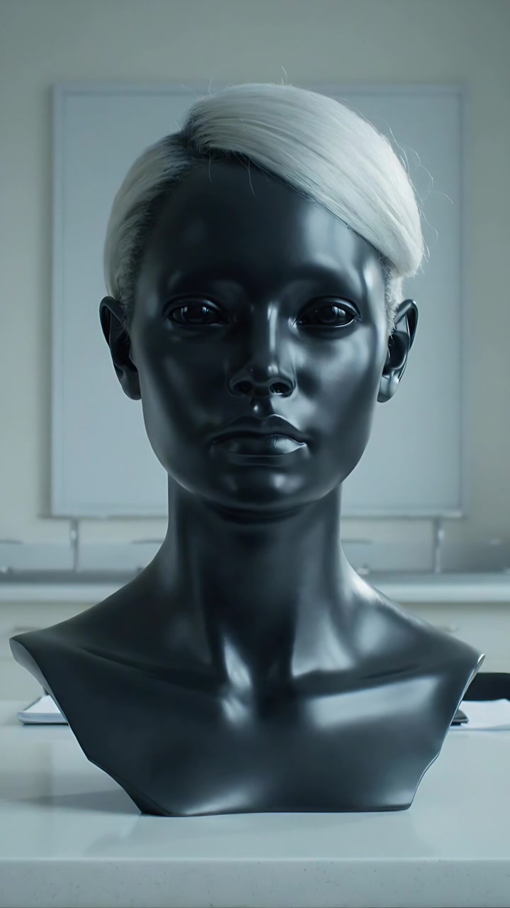 Vertical video: Shifting studio lighting causing glints across black bust with blond wig on counter
