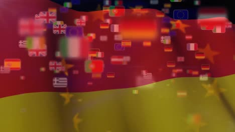 Animation-Von-Länderflaggen,-Die-über-Wehenden-Deutschen-Und-EU-Flaggen-Schweben
