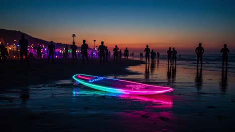 a vibrant beach evening: surfers and colorful neon lights creating an enchanting atmosphere as the sun sets beneath the horizon