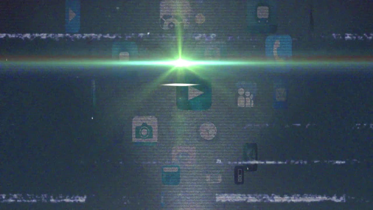 Animation of bright light beam moving on social media icons over glitch digital interface