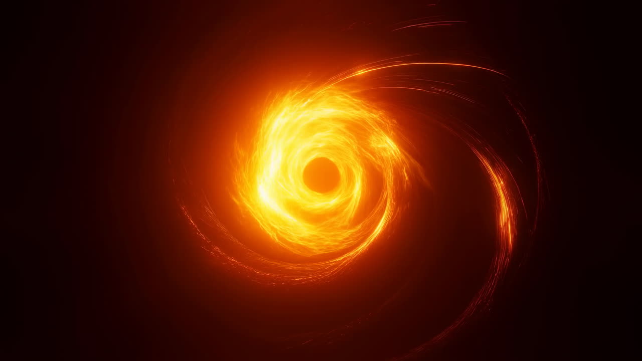 Vórtice de acreción ardiente alrededor de un núcleo oscuro, anillo de plasma arremolinado con intensas llamaradas naranjas, energía en espiral