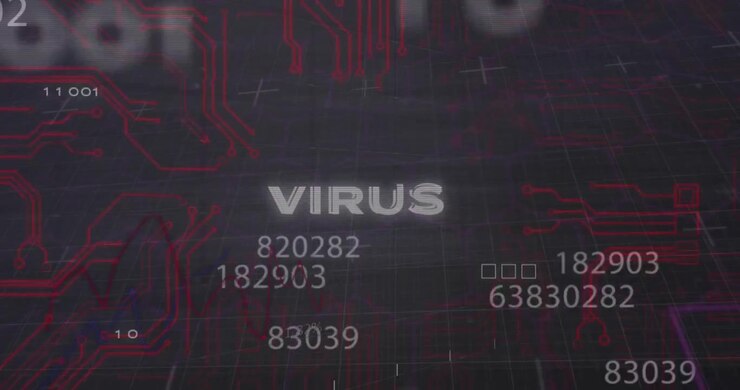 Animation of malware text, numbers and data processing over computer motherboard