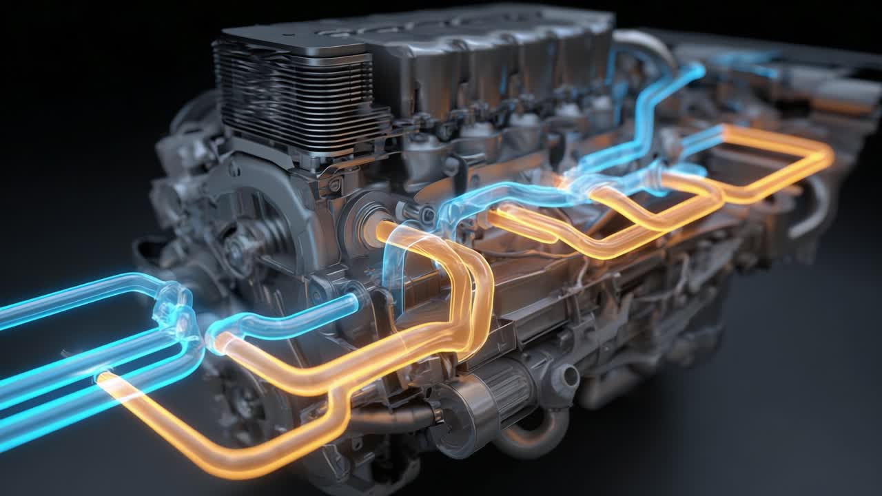 A detailed visualization of a high-performance internal combustion engine, showcasing the flow of exhaust and intake gases through vibrant colored tubes representing functionality