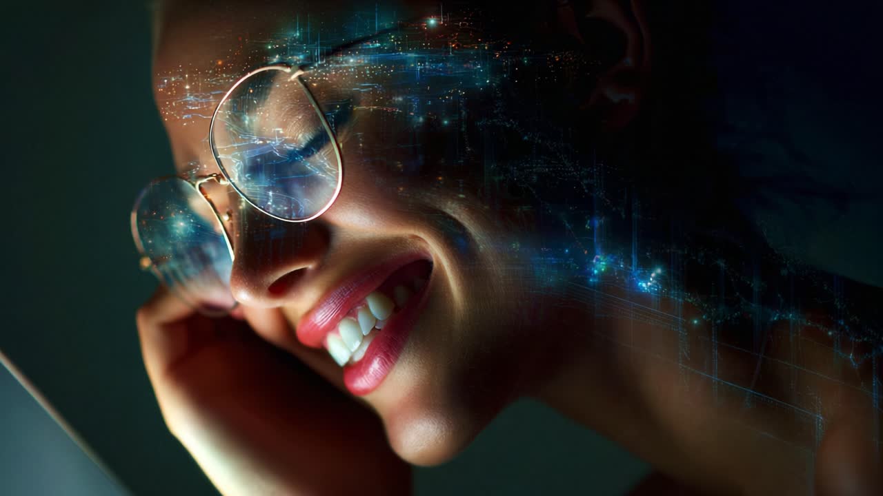Uno sguardo a un momento gioioso: primo piano di una persona sorridente con gli occhiali e una sovrapposizione di motivi di luce digitale, che cattura la bellezza della felicità e della tecnologia moderna